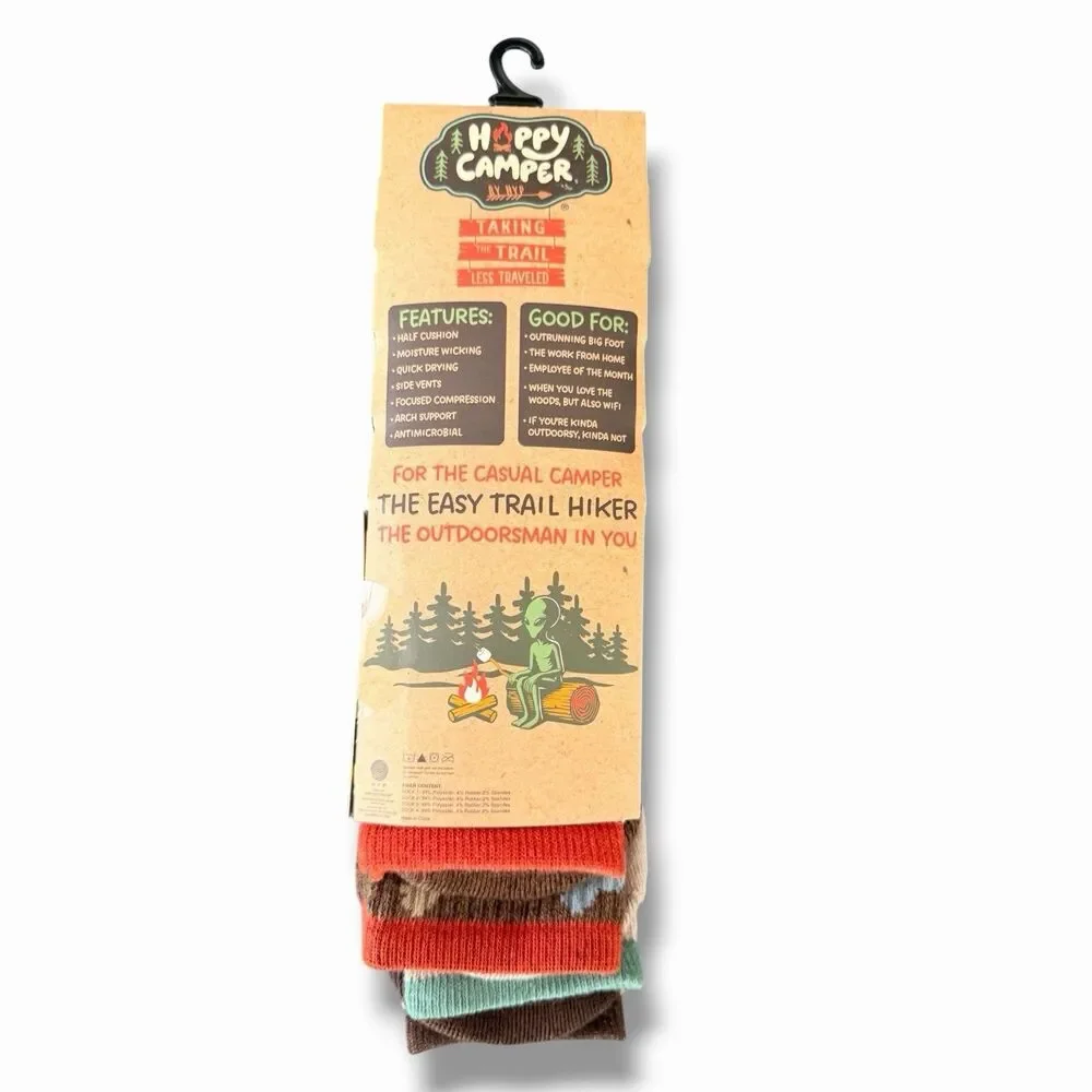 Happy Camper 4 Pair Bigfoot Theme Camping Theme Mens Novelty Crew Socks NWT 6-12